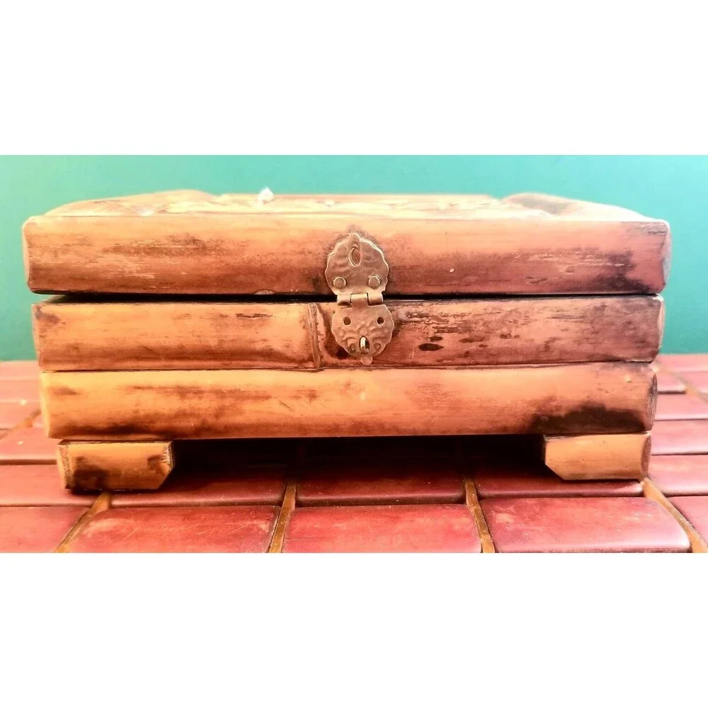 Vintage Bamboo & Wooden Jewelry Box With Brass Hardware Felt Lined